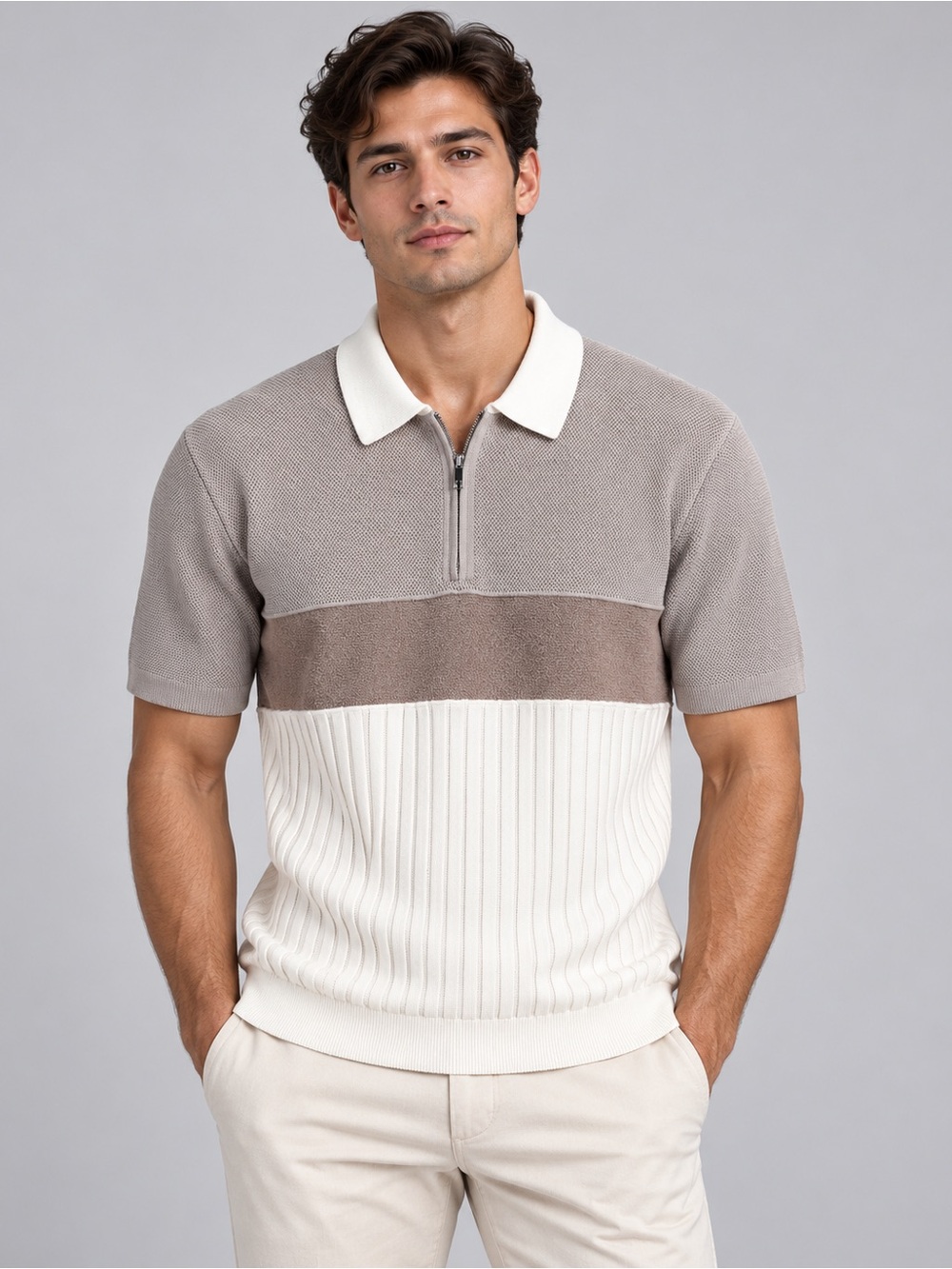 REISS Mercy Men’s XL Colorblock Knit Half-Zip Polo Cream Taupe Short Sleeve